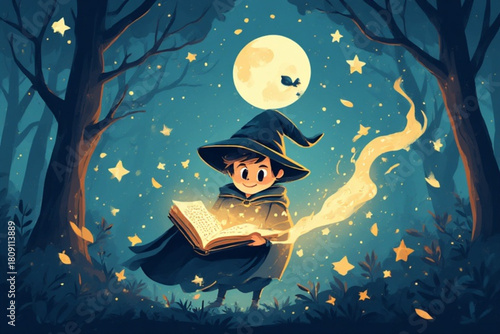 A young wizard reads a glowing book under a starry night sky in a whimsical forest.