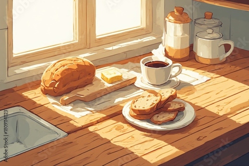 Loaf of bread, sliced bread, butter, and coffee are on a wooden countertop near a window.