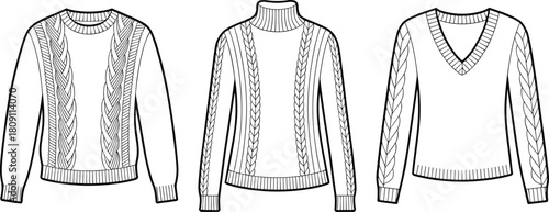 Sweater styles front view, crew neck, turtleneck, V-neck, flat sketch, CAD drawing, vector illustration, fashion template, knitwear design