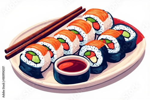 An illustration of sushi rolls with salmon, avocado, and other ingredients, served with soy sauce and chopsticks on a plate.