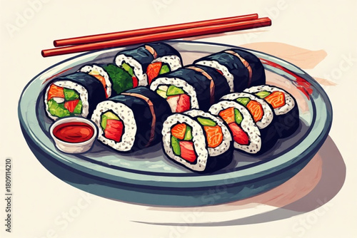 A plate of fresh, colorful sushi rolls with chopsticks and dipping sauce.