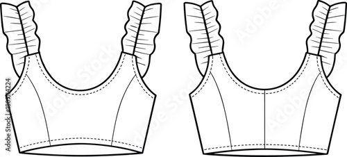 Sleeveless crop top design, ruffled straps, scoop neckline, princess seams, fashion sketch, garment construction, CAD drawing flat vector illustration**