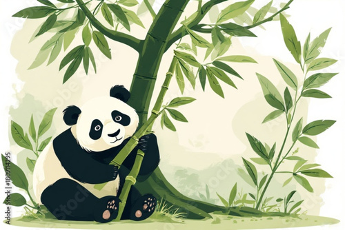 A charming panda bear enjoys a bamboo snack in a lush, green bamboo forest.