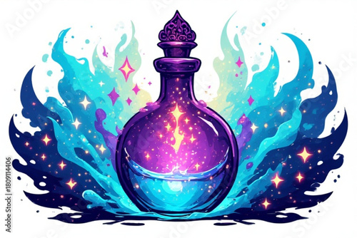 A glowing purple potion bottle with swirling magical energy and sparkling stars.