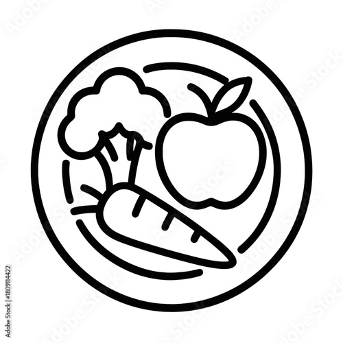 Line icon of healthy diet plate with apple, carrot, and broccoli representing balanced nutrition