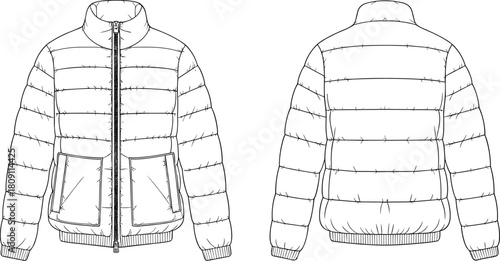 Puffer jacket front and back, quilted design, patch pockets, ribbed cuffs, zipper closure, cad drawing, flat vector illustration, fashion design