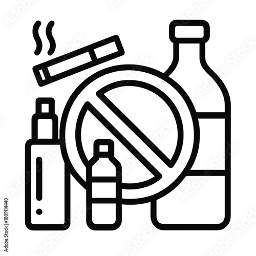 Line icon representing harmful habits with alcohol bottle, cigarette, vape and prohibition symbol