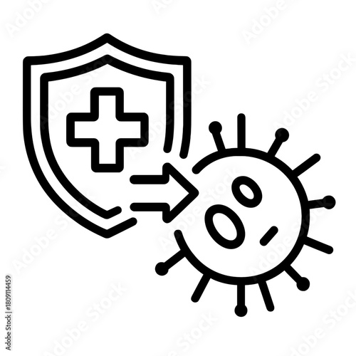 Line icon showing immune system response with shield and cross symbol protecting against virus