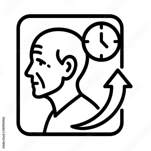 Line icon showing human aging process with elderly man silhouette, clock, and upward arrow symbolizing aging speed