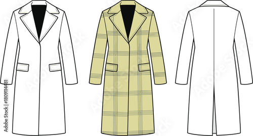 Long coat, fashion illustration, technical sketch, CAD drawing, flat vector, plaid coat, garment design, front view, back view, coat template, fashion CAD, textile concept, outerwear design,