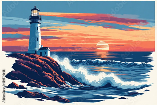 Lighthouse stands on rocky coast as waves crash against shore during a vibrant sunset.