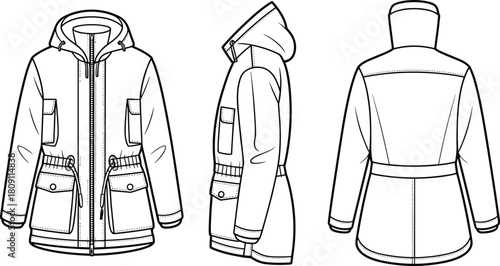 Hooded parka, technical sketch, fashion CAD, flat vector, jacket design, front view, side view, back view, utility jacket, zip closure, drawstring hood, flap pockets, ribbed cuffs