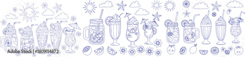 Vector art of collection of hand drawn summer drinks and beach elements isolated on