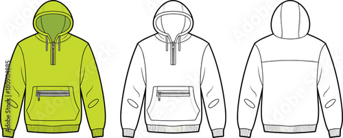 Hooded sweatshirt technical fashion sketch, lime green hoodie front and back view, half zip pullover, CAD drawing, flat vector illustration