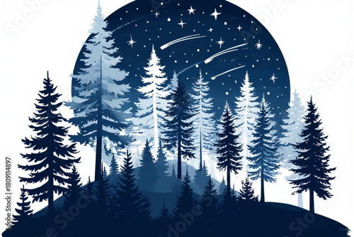 A stylized illustration of a forest silhouette under a starry night sky with shooting stars.
