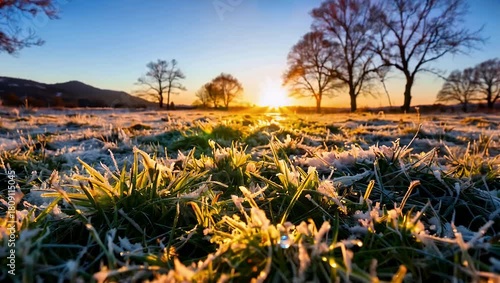 Frosty meadow at sunrise with dew covered grass and silhouetted trees under warm light