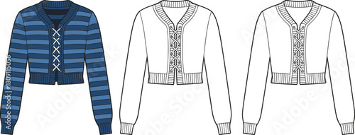 Cropped cardigan fashion sketch, lace-up sweater design, CAD drawing, flat vector illustration, garment template, front view, apparel mockup
