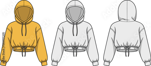 Cropped hoodie fashion sketch, drawstring hood and waist, front and back view, mustard yellow, CAD drawing, flat vector illustration