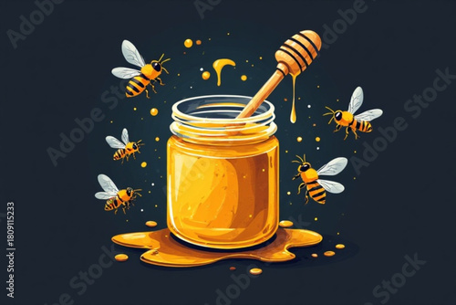 Illustration of a honey jar with a dipper and bees flying around, against a dark background.