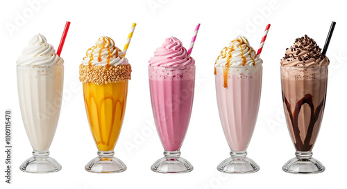 Assortment of delicious milkshakes isolated on transparent background for a sweet treat