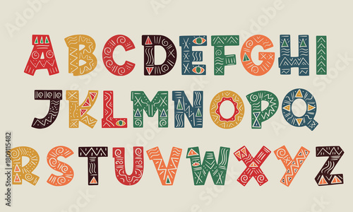 Alphabet in the style of African ornaments. Vector on background.