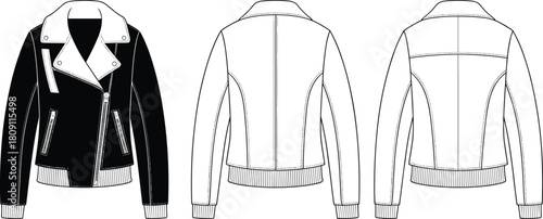 Biker jacket, fashion CAD, flat vector, technical sketch, asymmetrical zipper, wide lapels, ribbed cuffs, garment illustration, apparel design, clothing template, zippered pockets, black 