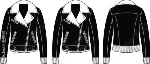 Biker jacket, fashion sketch, technical drawing, CAD illustration, flat vector, asymmetrical zipper, belted waist, lapel collar, front view, back view, 3/4 view, garment blueprint,