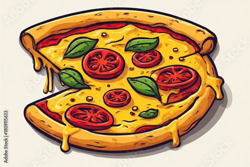A delicious, cartoon-style pizza with a slice missing, featuring tomatoes and basil.