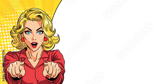 A surprised young woman in pop art style points at you with a large banner. Pop art in comic book vector style.