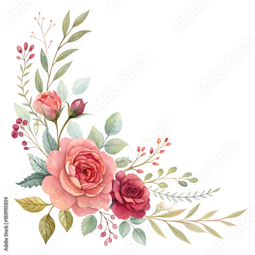 Watercolor floral corner arrangement with pink roses and green leaves