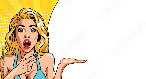 A surprised young woman in pop art style points at a large banner. Pop art in comic book vector style.