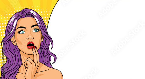 A young woman pondering a large banner in pop art style. Pop art in comic book style vector.