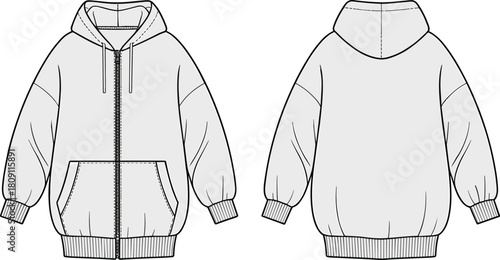 Zip-up hoodie technical fashion illustration, vector flat drawing, oversized streetwear template, isolated front and back views, cad drawing flat vector