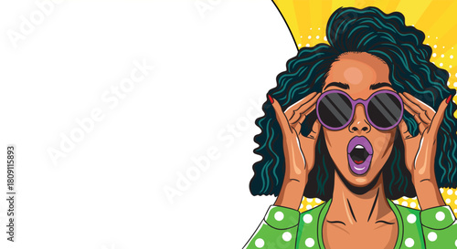 Surprised young woman in pop art glasses with a large banner. Pop art in comic book vector style.