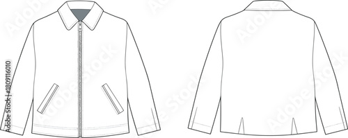 Zip-up jacket technical fashion illustration, vector flat drawing, classic outerwear mock up, isolated front back views, cad drawing flat vector