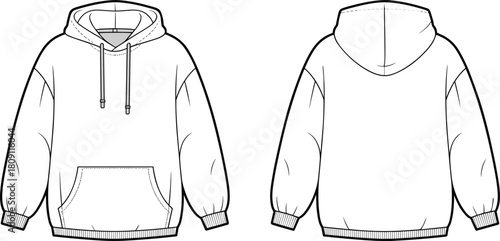 Unisex oversized hoodie technical fashion illustration vector flat drawing streetwear template isolated front and back views cad drawing flat vector