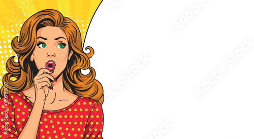 Young woman with red hair in pop art style with a large banner. Pop art in comic book style vector.