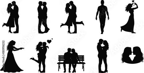 Collection of romantic couple silhouettes featuring straight and LGBTQ lovers kissing, hugging, and wedding moments vector illustration set.