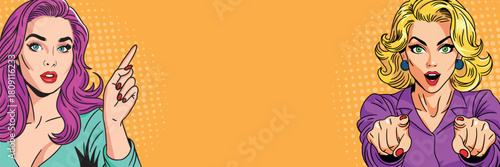 Two beautiful women confident wow in pop art style. Pop art in vector comic style.