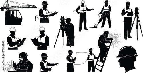 Collection of construction worker silhouettes including engineer, surveyor, welder, architect with blueprints, and builder icons vector illustration set.
