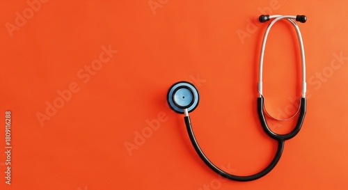 A medical stethoscope laid against an orange background. Its design is for healthcare diagnosis, representing concepts of wellness and well-being.