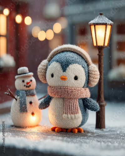 Cute Penguin Chick Near Snowman Under Glowing Christmas Lamppost