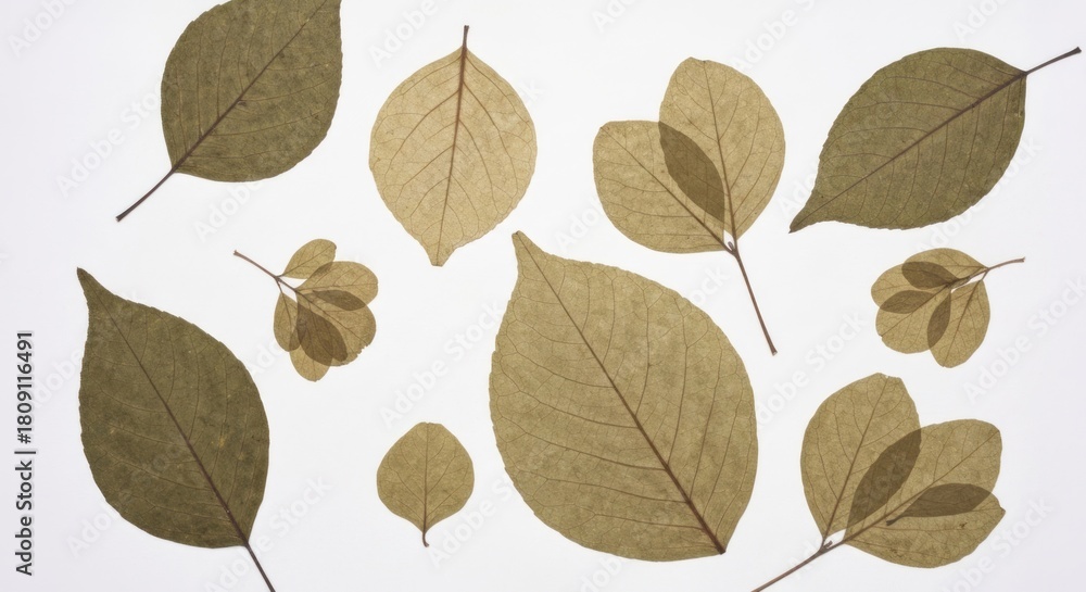 Fototapeta premium Pressed leaves lay on a white surface; muted green, tan, and brown tones