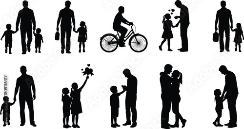 Collection of father and children silhouettes, dad walking with son and daughter, couple hugging, and family moments vector illustration set.