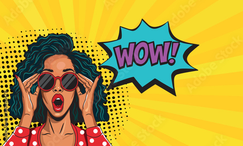 Young woman wow shocked in pop art style. Pop art in comic book vector style.