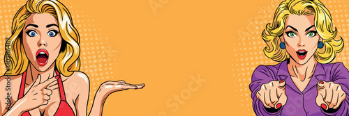 Two beautiful blonde women wow in pop art style. Pop art in comic book vector style.