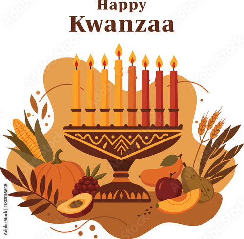 Happy Kwanzaa celebration illustration with Kinara, lit candles, corn, pumpkin, fruits, and wheat stalks on an earthy background.