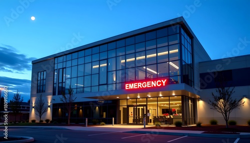The exterior view of a hospital entrance, showing EMERGENCY signage at night. It's a place for help, with illuminated signs, and architectural design