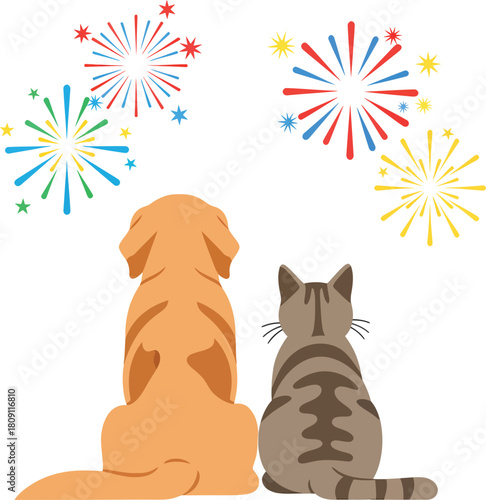 Dog and cat sitting together watching colorful fireworks display in the night sky.