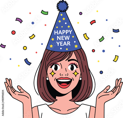 A joyful woman celebrating New Year's Eve with confetti and a party hat.